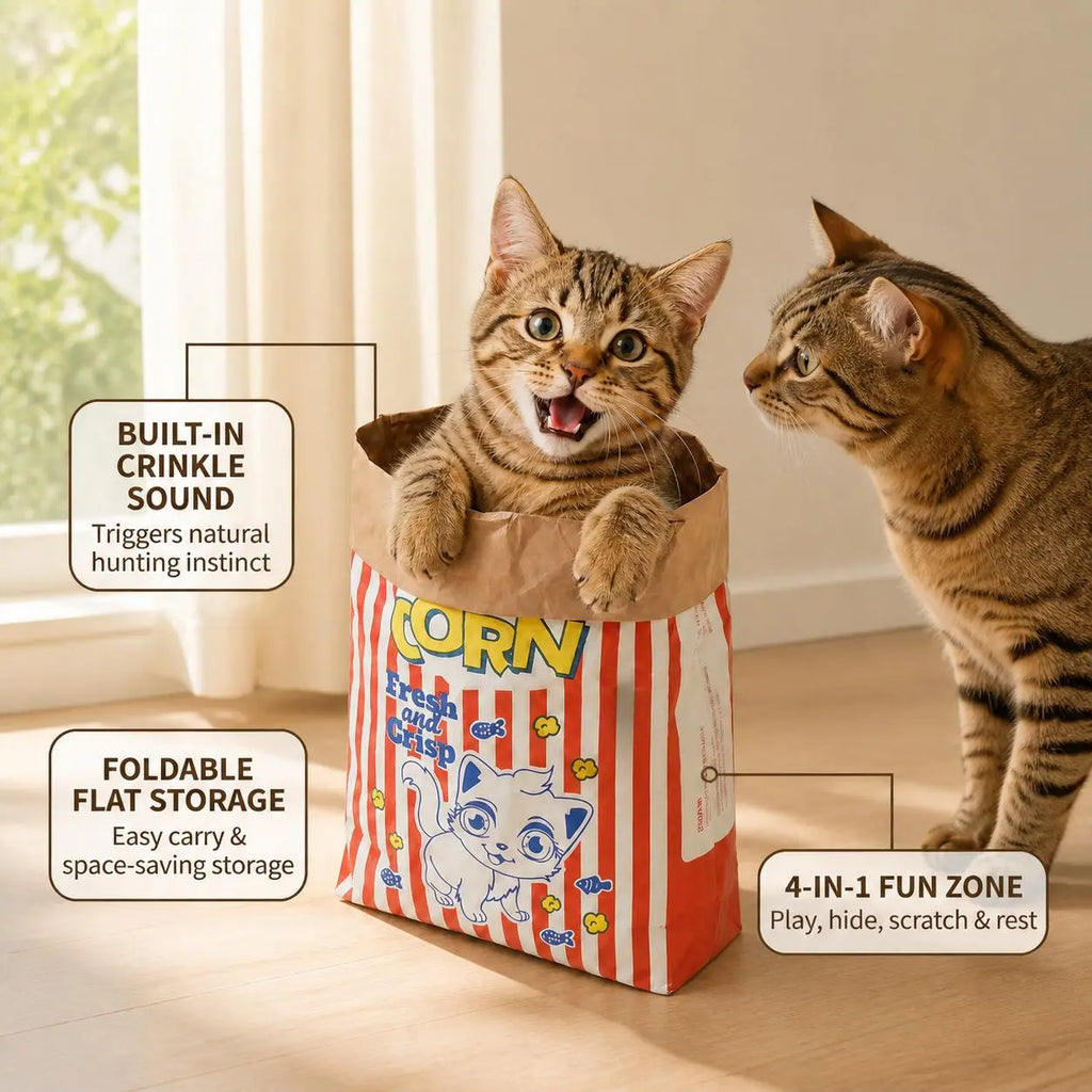 Crinkle Cat Hideout Bag for Indoor Play Tunnel and Cozy Pet Bed