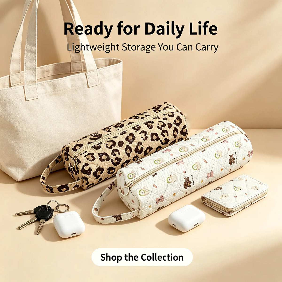 Quilted Travel Toiletry Organizer Bag with Handle for Makeup and Bathroom Storage