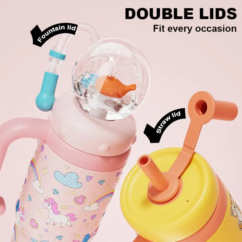 Kids Insulated Whale Fountain Tumbler with Handle and Two Lids for School Drinks