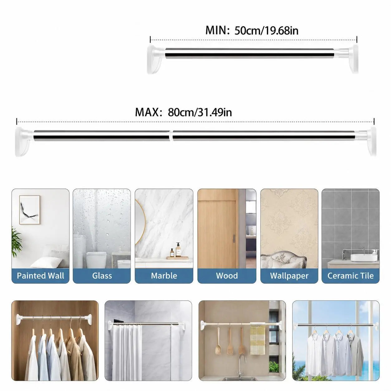 Drill-Free Adjustable Tension Rod for Closet Storage and Laundry Organization