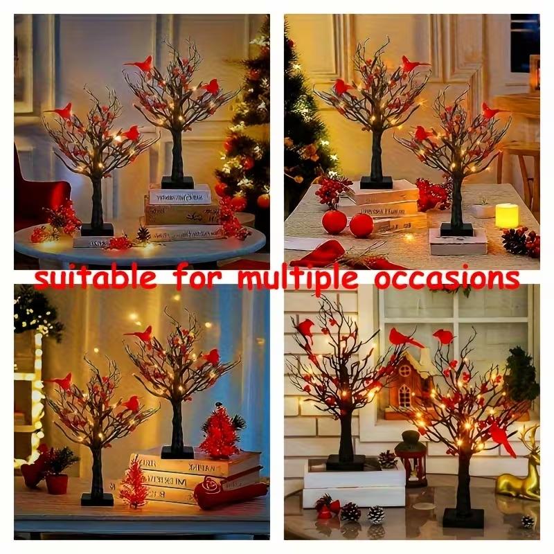 Illuminated Cardinal Berry Tree Decoration for Holiday Tabletop and Cozy Home Decor