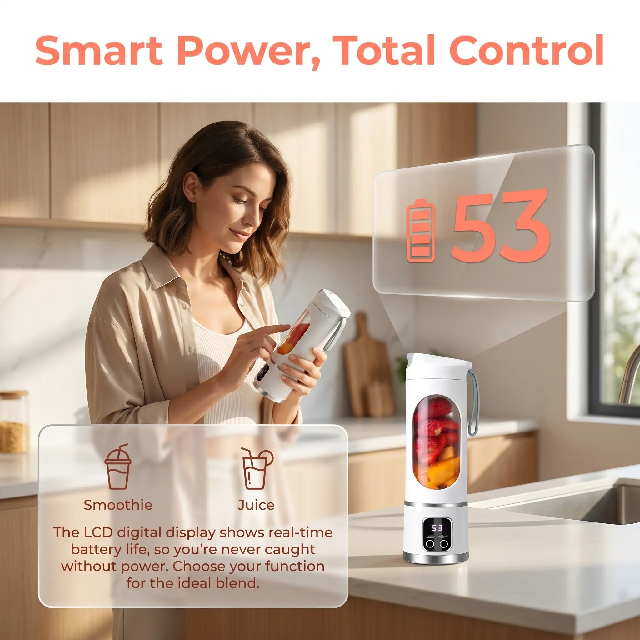 Portable USB Rechargeable Personal Blender with LED Display – 15.22oz Smoothies Maker