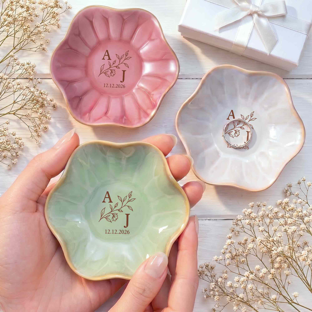 Our Monogram Floral, Personalized Lotus Jewelry Dish, Gift For Couples - 7