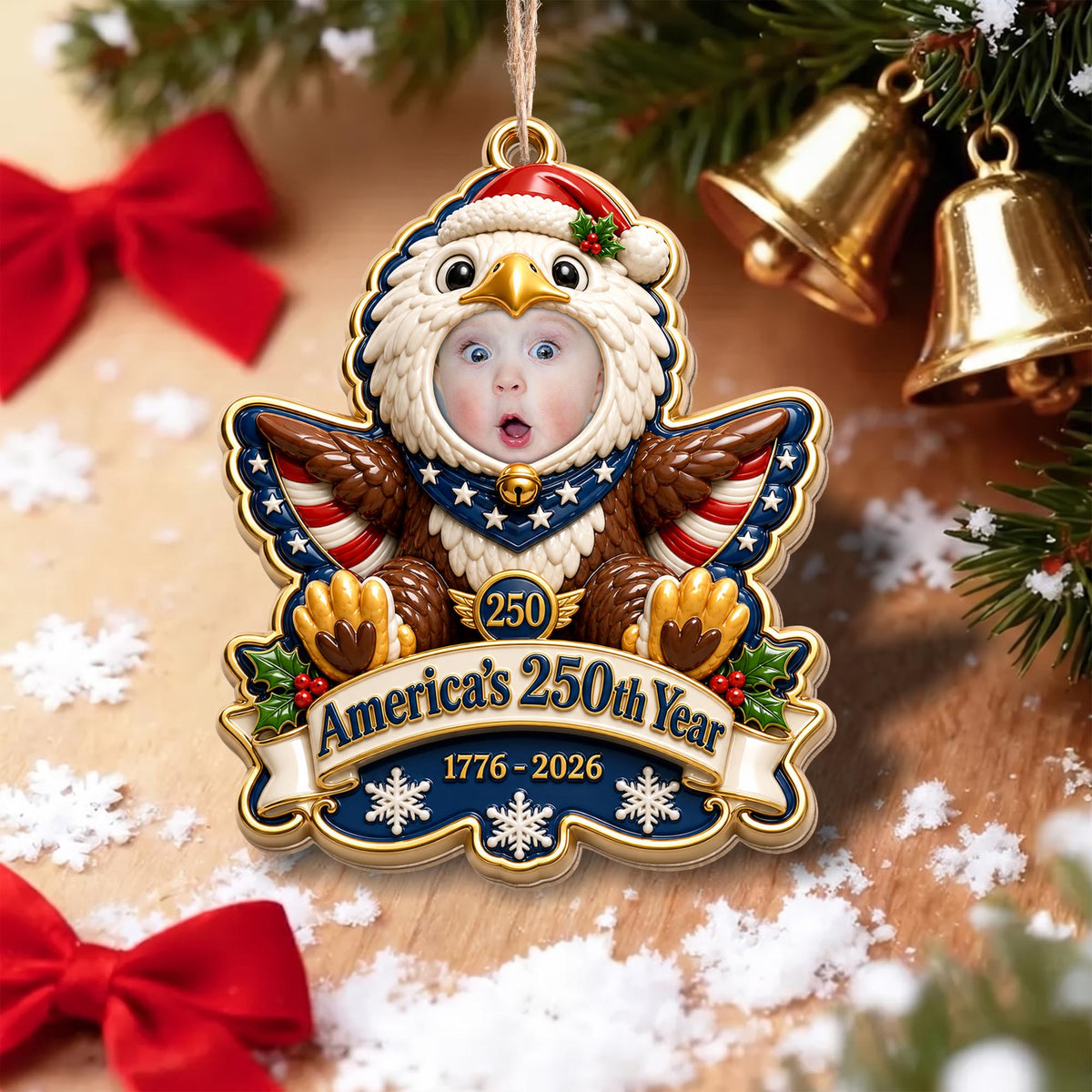America's 250th Year Patriotic Eagle, Personalized Custom Wood Ornament, Gift For Grandkids - 7