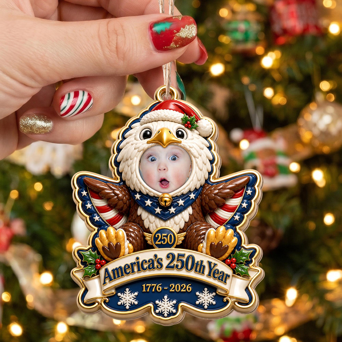 America's 250th Year Patriotic Eagle, Personalized Custom Wood Ornament, Gift For Grandkids - 11