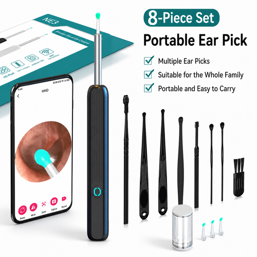 Outil de suppression de cérumen HD 720P avec caméra 6 cuillères d'oreille, batterie USB rechargeable, double alimentation, soin des oreilles sûr et doux avec WiFi Ear Cleaning summerwins