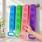 Double-Sided Silicone Bath Brush with Mesh Sponge, Long Back Scrubber Strap with Soft Bristles & Handles for Full-Body Cleansing