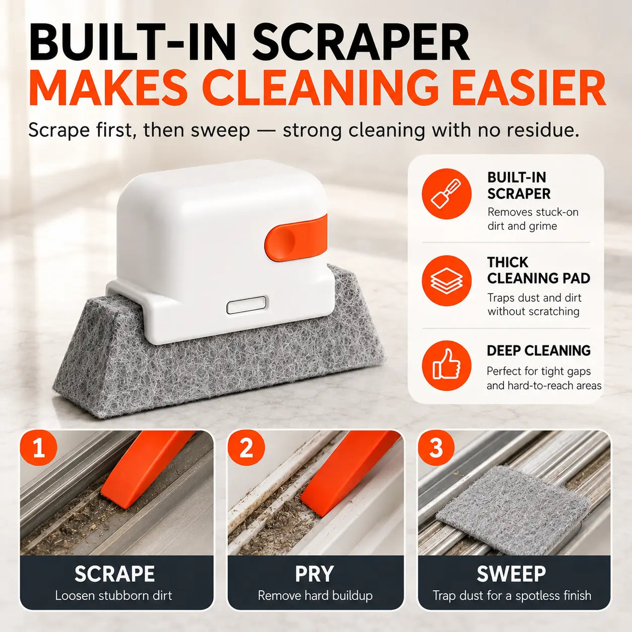 Window Track Cleaner Kit with Scraper and Replacement Pads for Deep Gap Cleaning