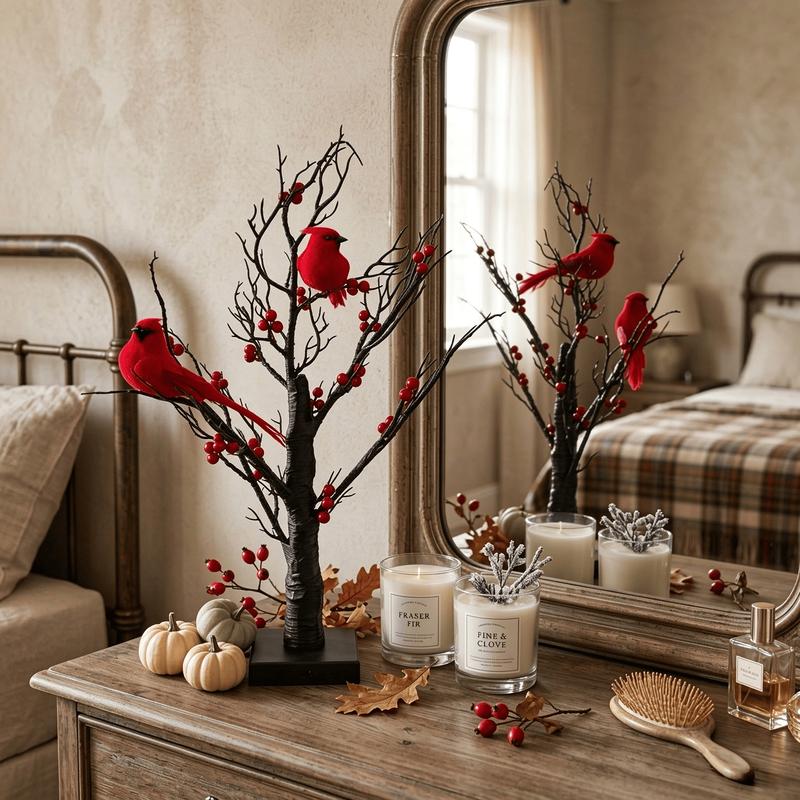 Illuminated Cardinal Berry Tree Decoration for Holiday Tabletop and Cozy Home Decor