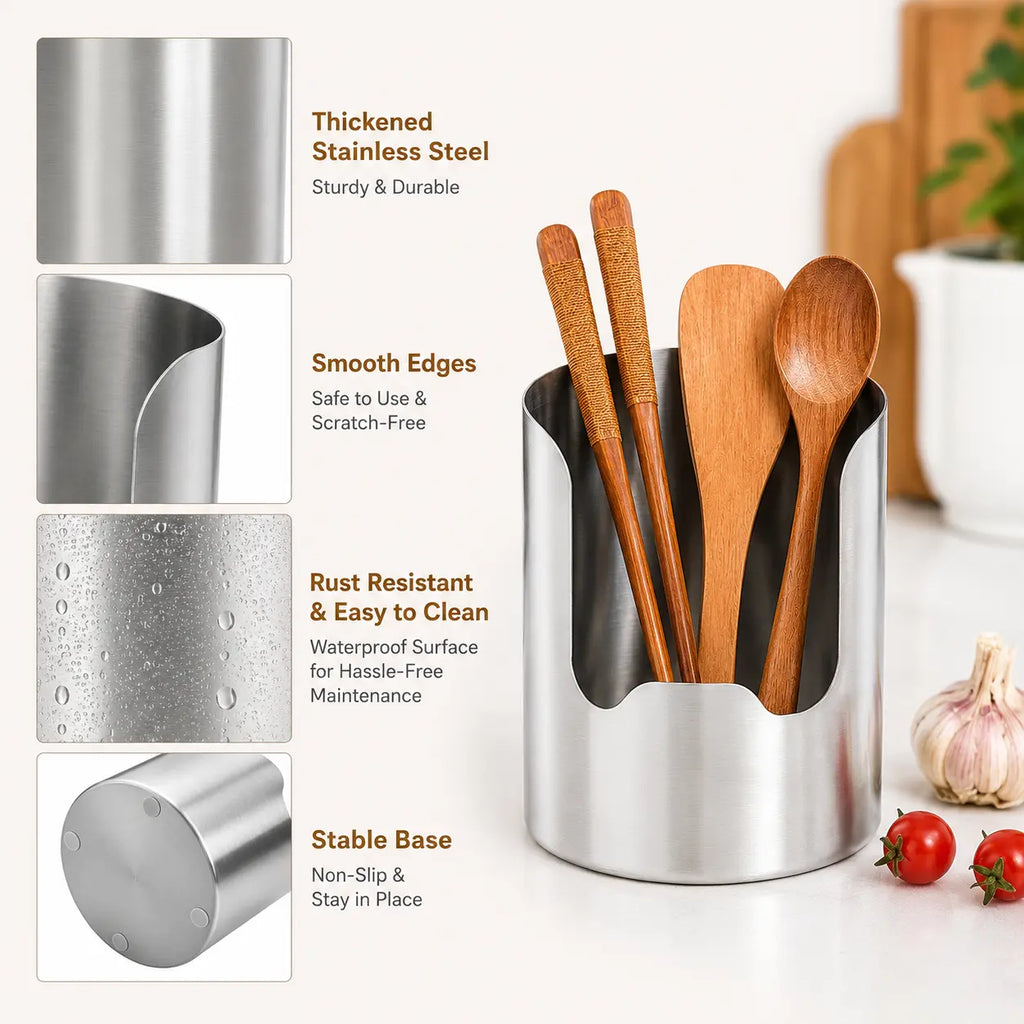 Thickened Stainless Steel Utensil Organizer for Kitchen Countertop Storage and Easy Cleanup