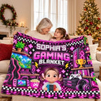 Personalized Fleece Blanket with Cartoon Gamer Holding a Controller, Blue Pixel Art, Unique Gift for Son - 8