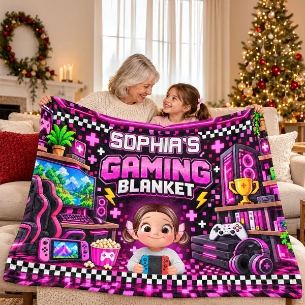 Personalized Fleece Blanket with Cartoon Gamer Holding a Controller, Blue Pixel Art, Unique Gift for Son - 8