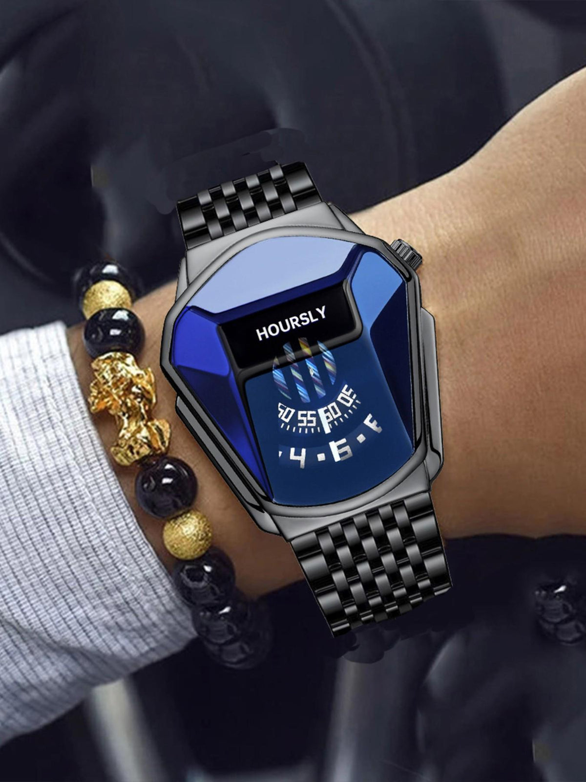 Men’s Rotary Steel Band Watch Set with Bead Bracelet for Stylish Gifts