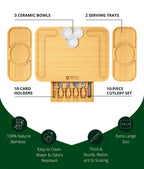 Large Bamboo Charcuterie Board Set with Knives, Ceramic Bowls & Expandable Serving Trays