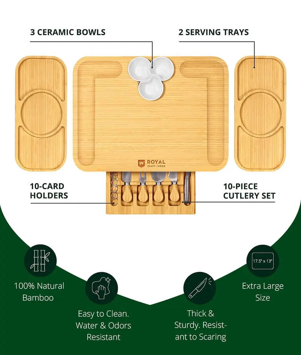 Large Bamboo Charcuterie Board Set with Knives, Ceramic Bowls & Expandable Serving Trays