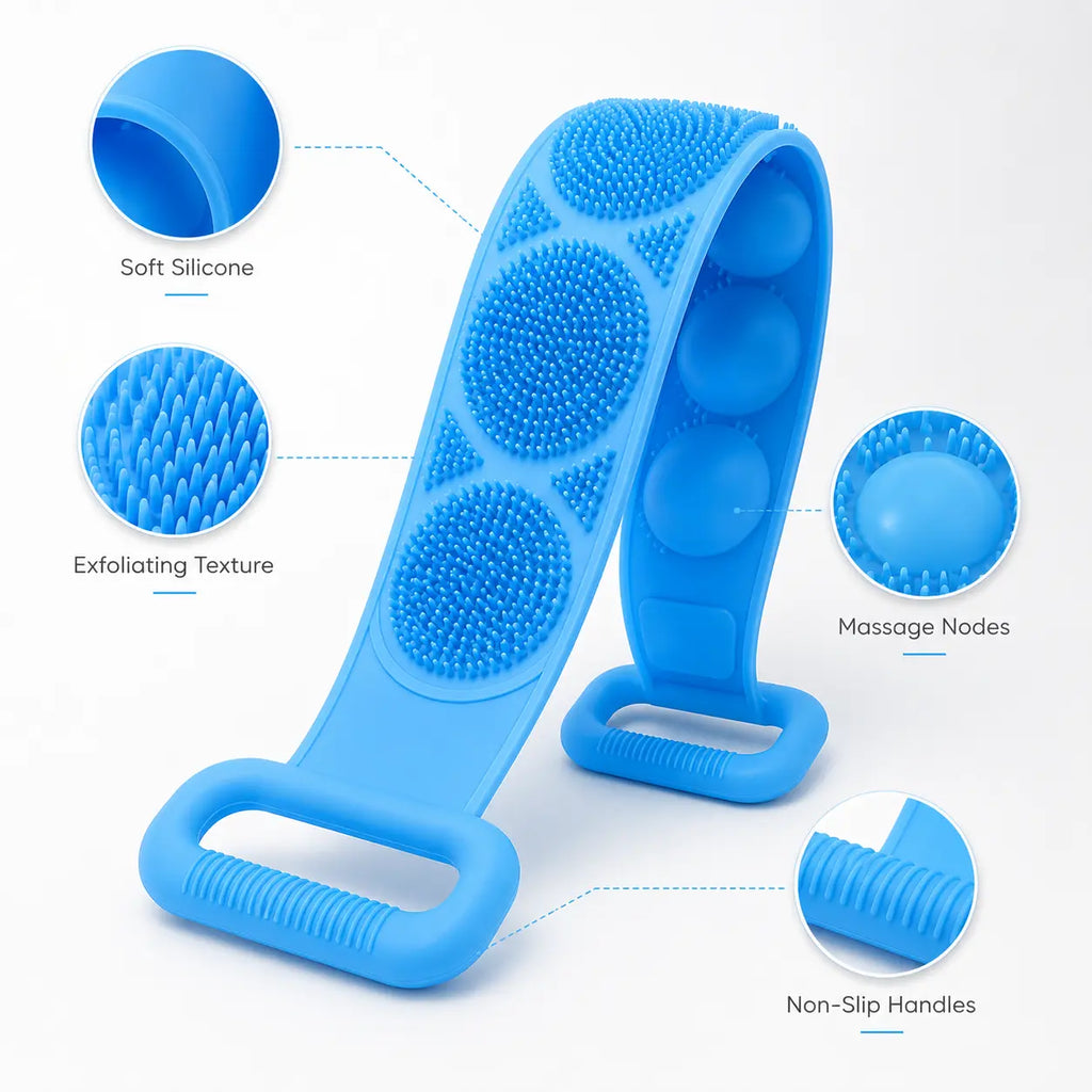 Double-Sided Silicone Bath Brush with Mesh Sponge, Long Back Scrubber Strap with Soft Bristles & Handles for Full-Body Cleansing