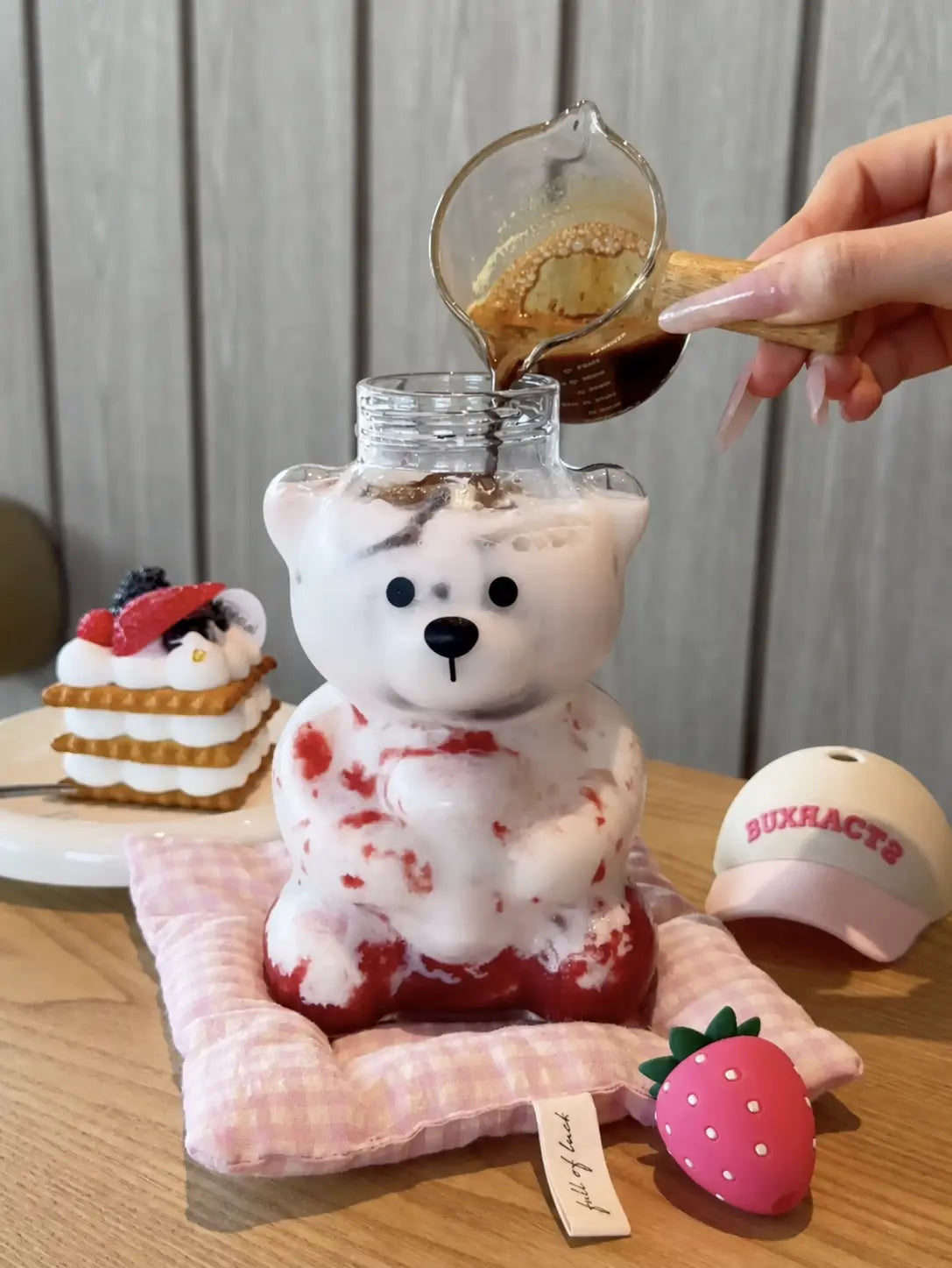Cute Teddy Bear Glass Tumbler with Strawberry Straw – 20oz Reusable Iced Coffee Cup