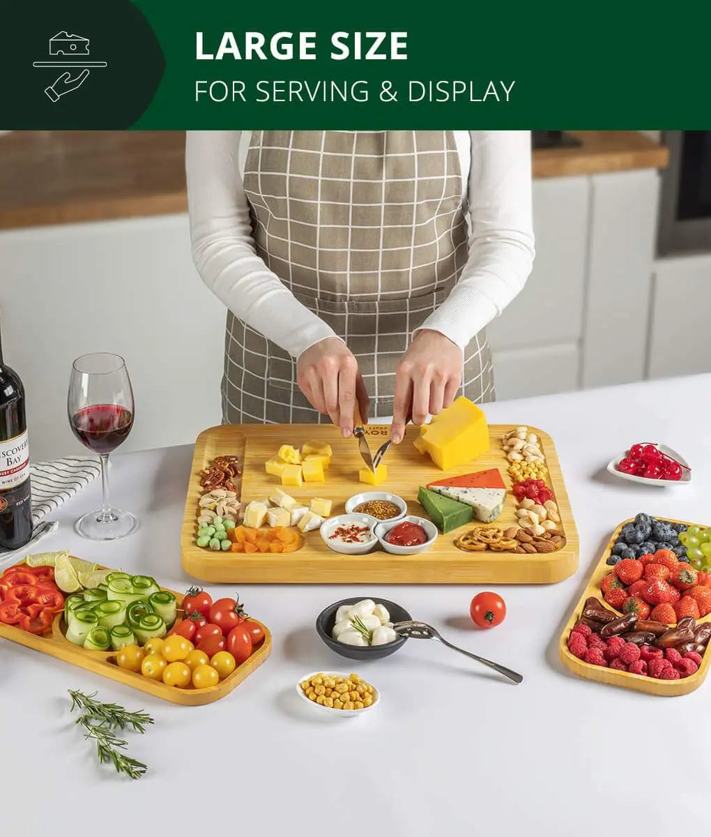 Large Bamboo Charcuterie Board Set with Knives, Ceramic Bowls & Expandable Serving Trays