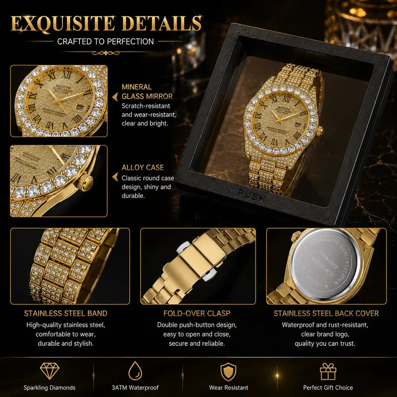 Luxury Iced Out Rhinestone Watch for Hip Hop Style and Statement Outfits