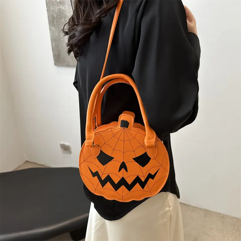 Spooky Pumpkin Crossbody Bag with Spiderweb Stitching for Halloween Party Outfits