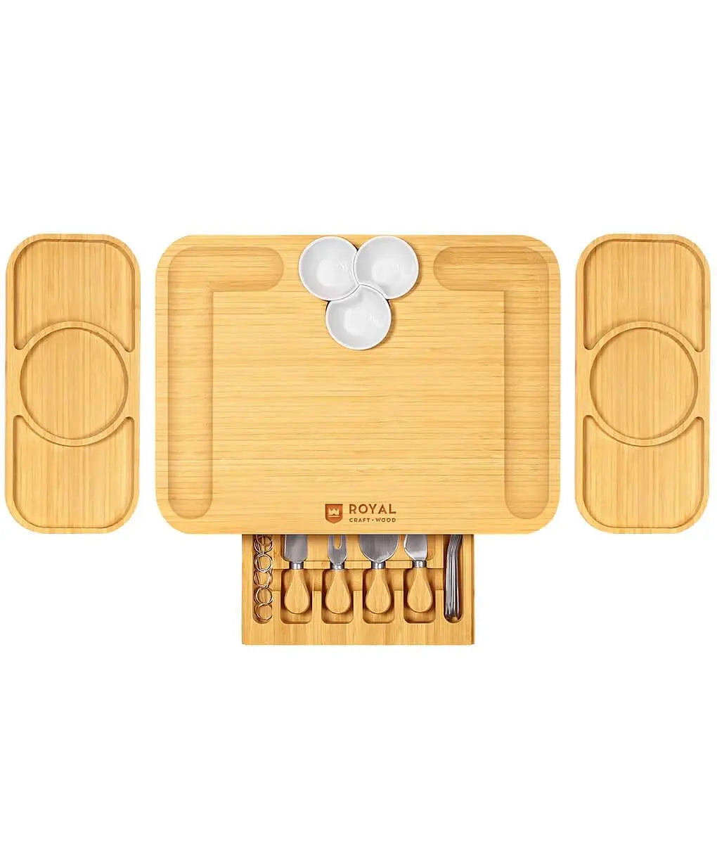 Large Bamboo Charcuterie Board Set with Knives, Ceramic Bowls & Expandable Serving Trays