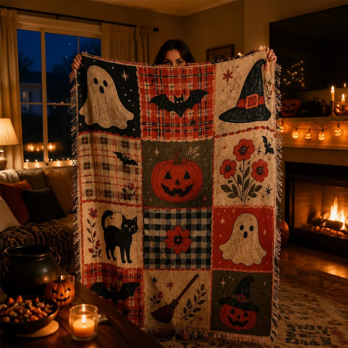 Halloween Patchwork Woven Blanket with Tassels for Sofa Bed Wall Decor