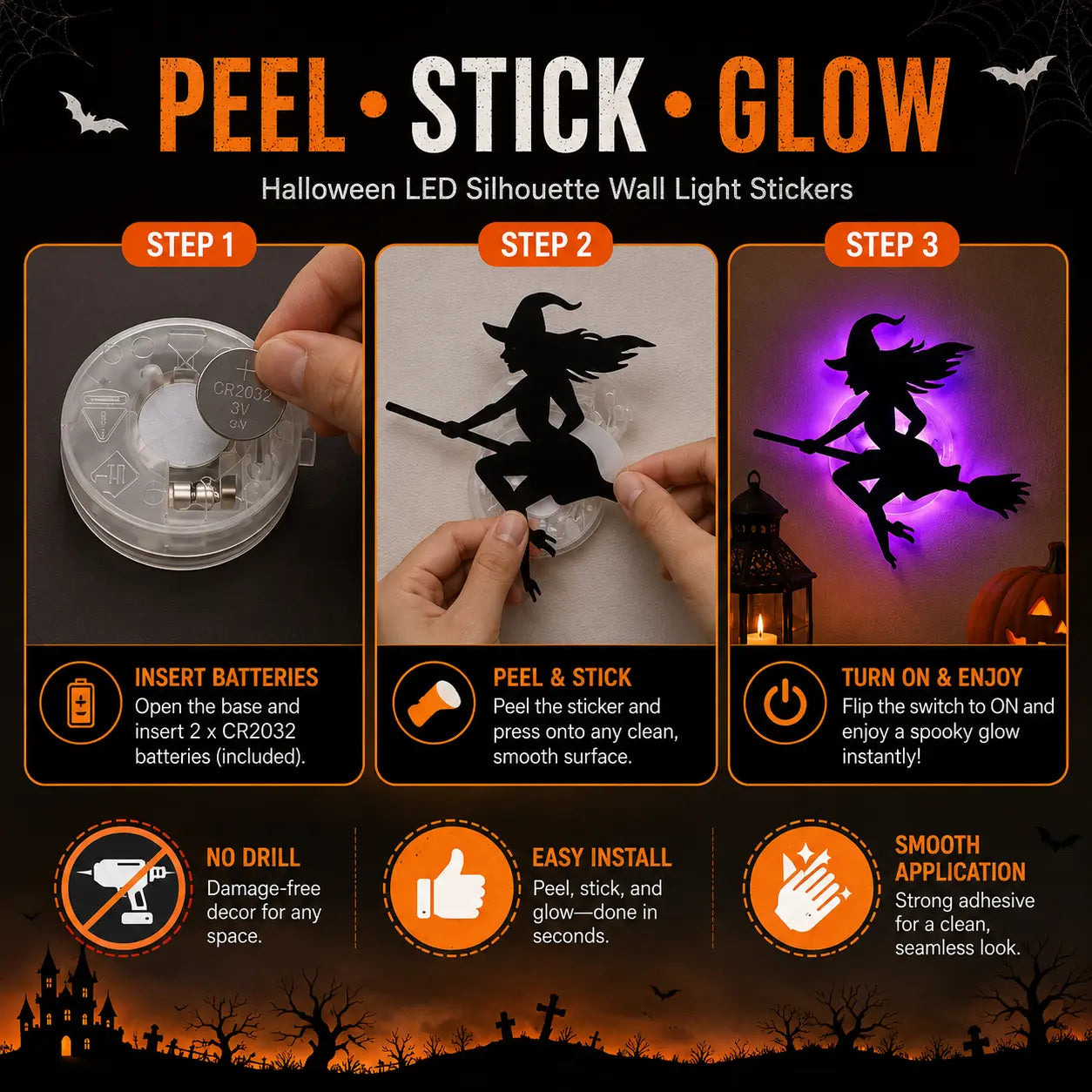 Halloween LED Silhouette Wall Decor Set for Spooky Home Party Decorations