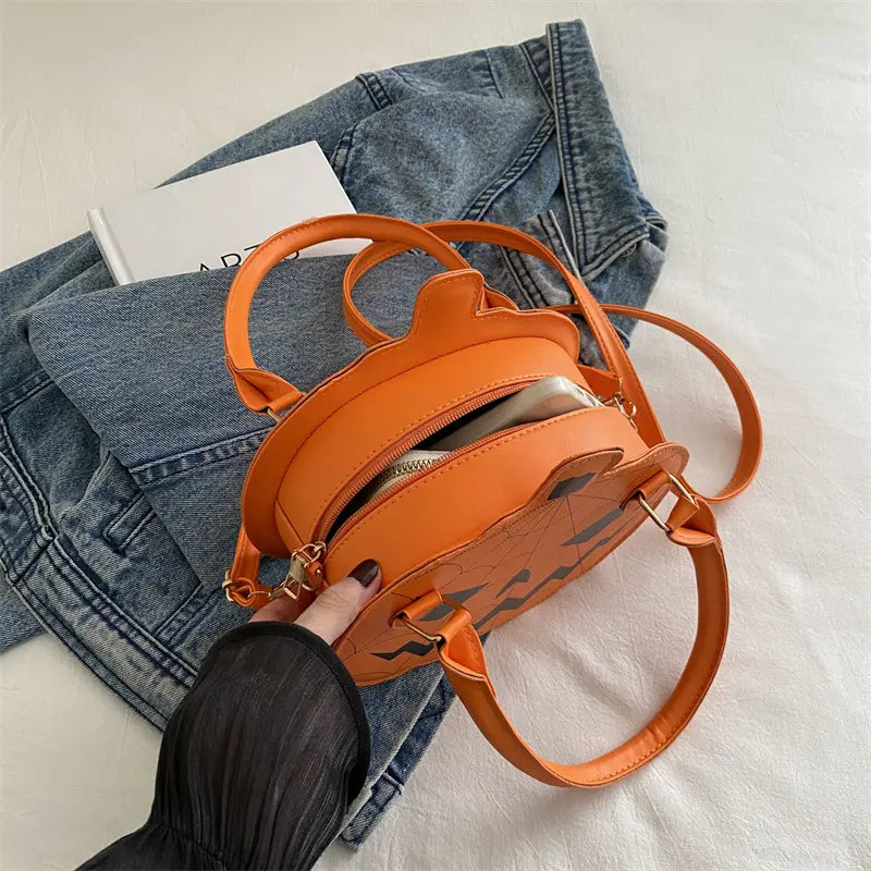 Spooky Pumpkin Crossbody Bag with Spiderweb Stitching for Halloween Party Outfits