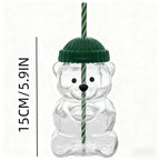 Cute Teddy Bear Glass Tumbler with Strawberry Straw – 20oz Reusable Iced Coffee Cup