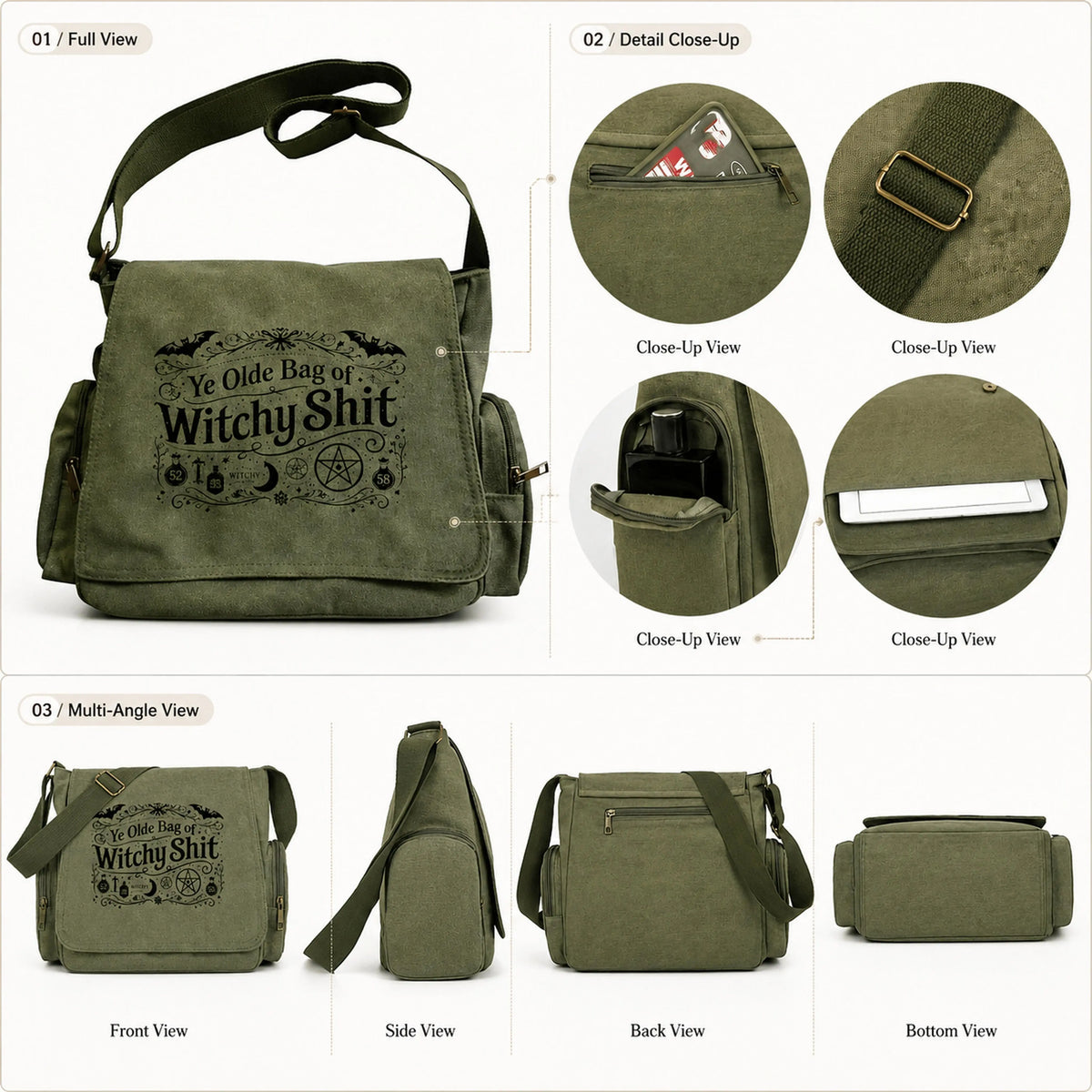 Witchy Canvas Crossbody Bag with Vintage Symbols for Everyday Halloween Style