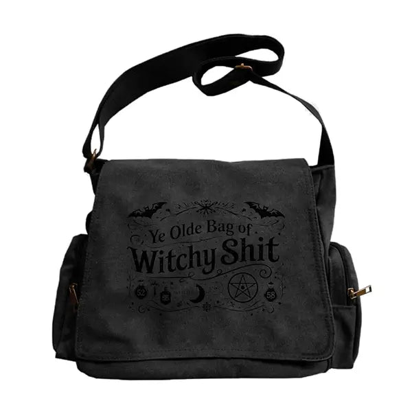 Witchy Canvas Crossbody Bag with Vintage Symbols for Everyday Halloween Style