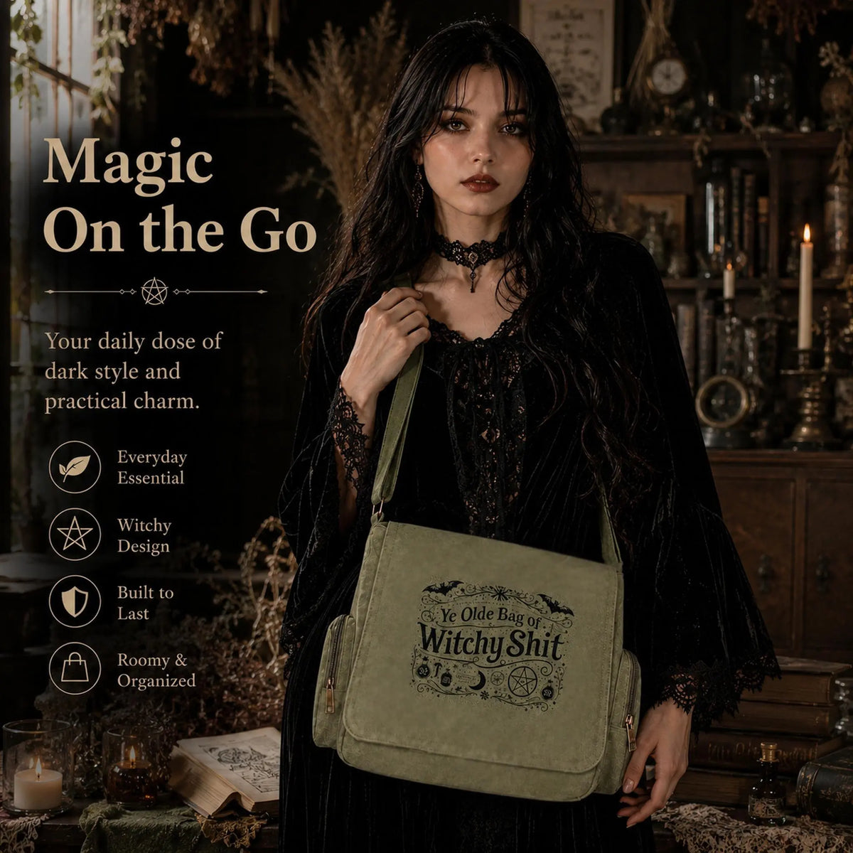 Witchy Canvas Crossbody Bag with Vintage Symbols for Everyday Halloween Style