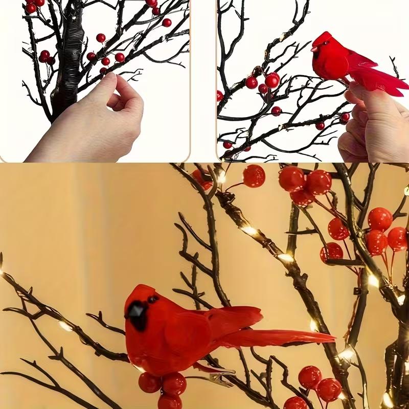 Illuminated Cardinal Berry Tree Decoration for Holiday Tabletop and Cozy Home Decor