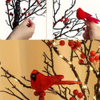 Illuminated Cardinal Berry Tree Decoration for Holiday Tabletop and Cozy Home Decor