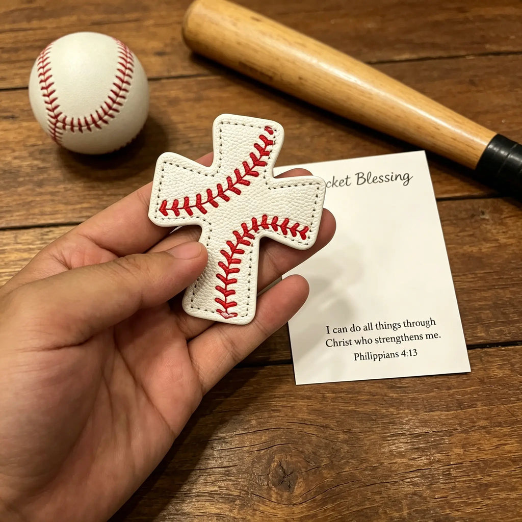 Handmade Baseball Pocket Cross with Philippians 4:13 Verse Card, Christian Gift for Players, Coaches & Baseball Fans