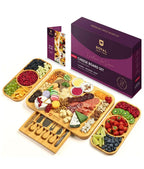 Large Bamboo Charcuterie Board Set with Knives, Ceramic Bowls & Expandable Serving Trays
