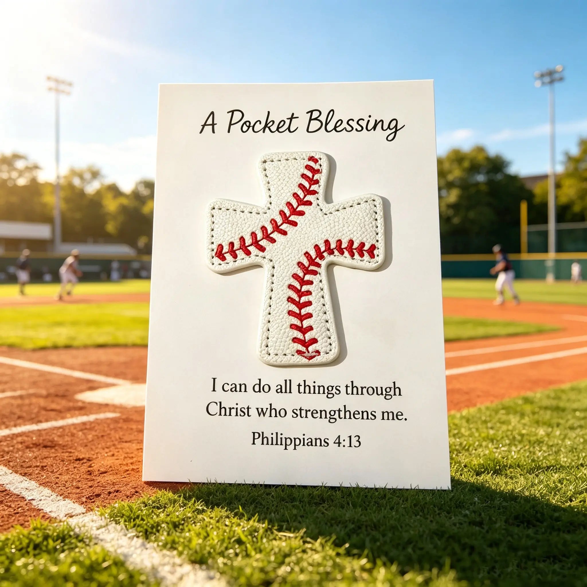 Handmade Baseball Pocket Cross with Philippians 4:13 Verse Card, Christian Gift for Players, Coaches & Baseball Fans