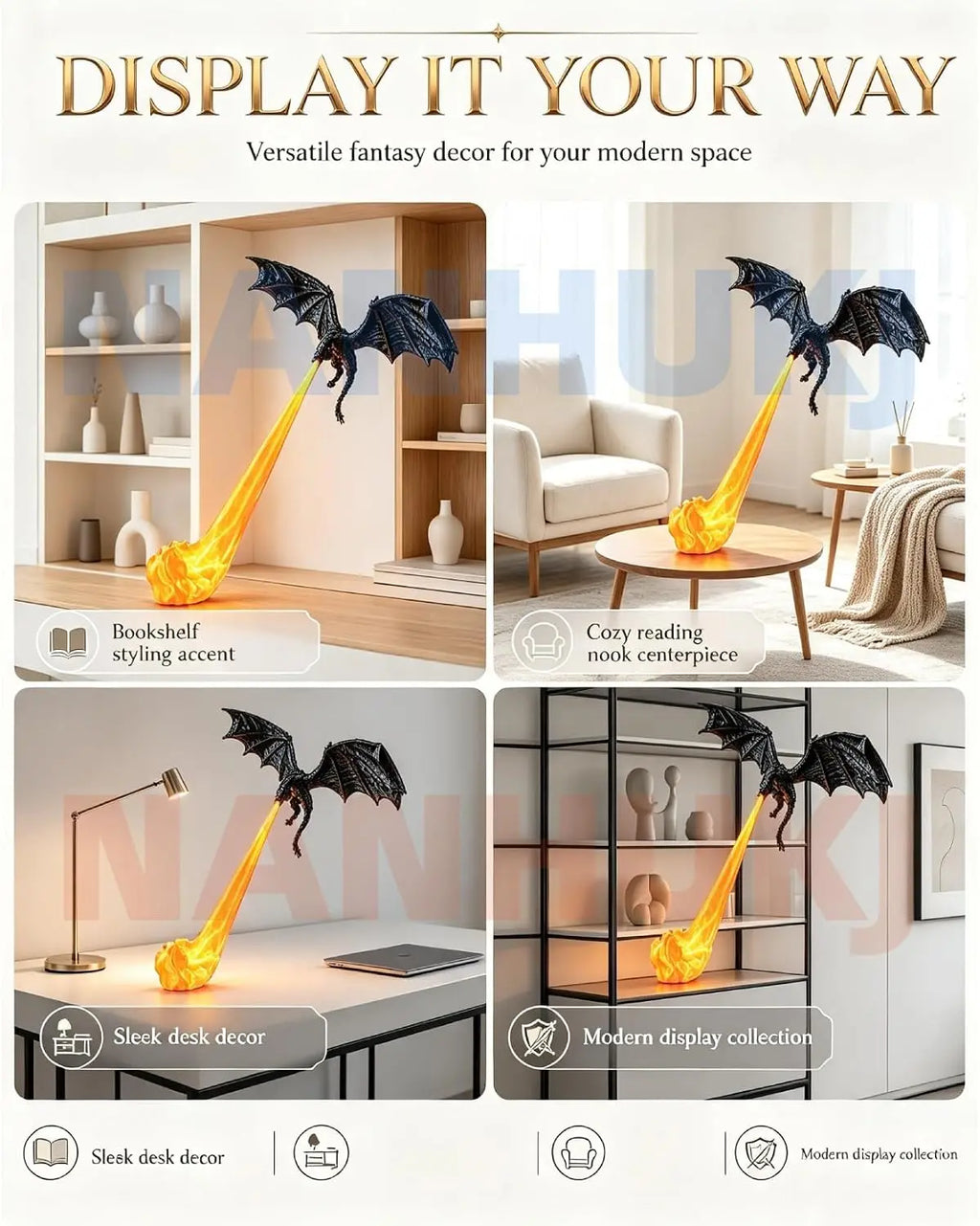 Mystical Dragon Flame Book Nook LED Bookshelf Decor for Fantasy Lovers