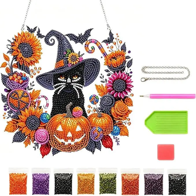 Halloween Cat Pumpkin Diamond Painting Suncatcher Ornament DIY Hanging Decor Kit