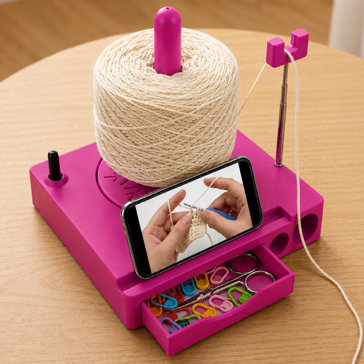 Crochet Yarn Spinner & Phone Stand – Multifunctional Yarn Holder Organizer