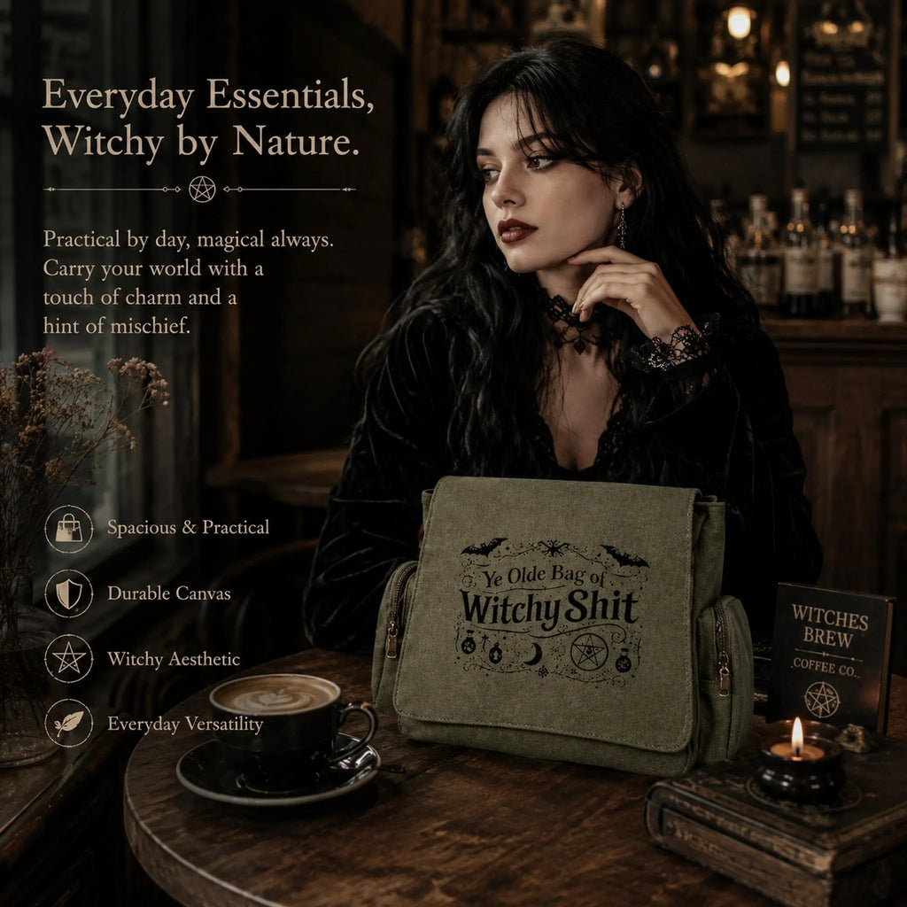 Witchy Canvas Crossbody Bag with Vintage Symbols for Everyday Halloween Style