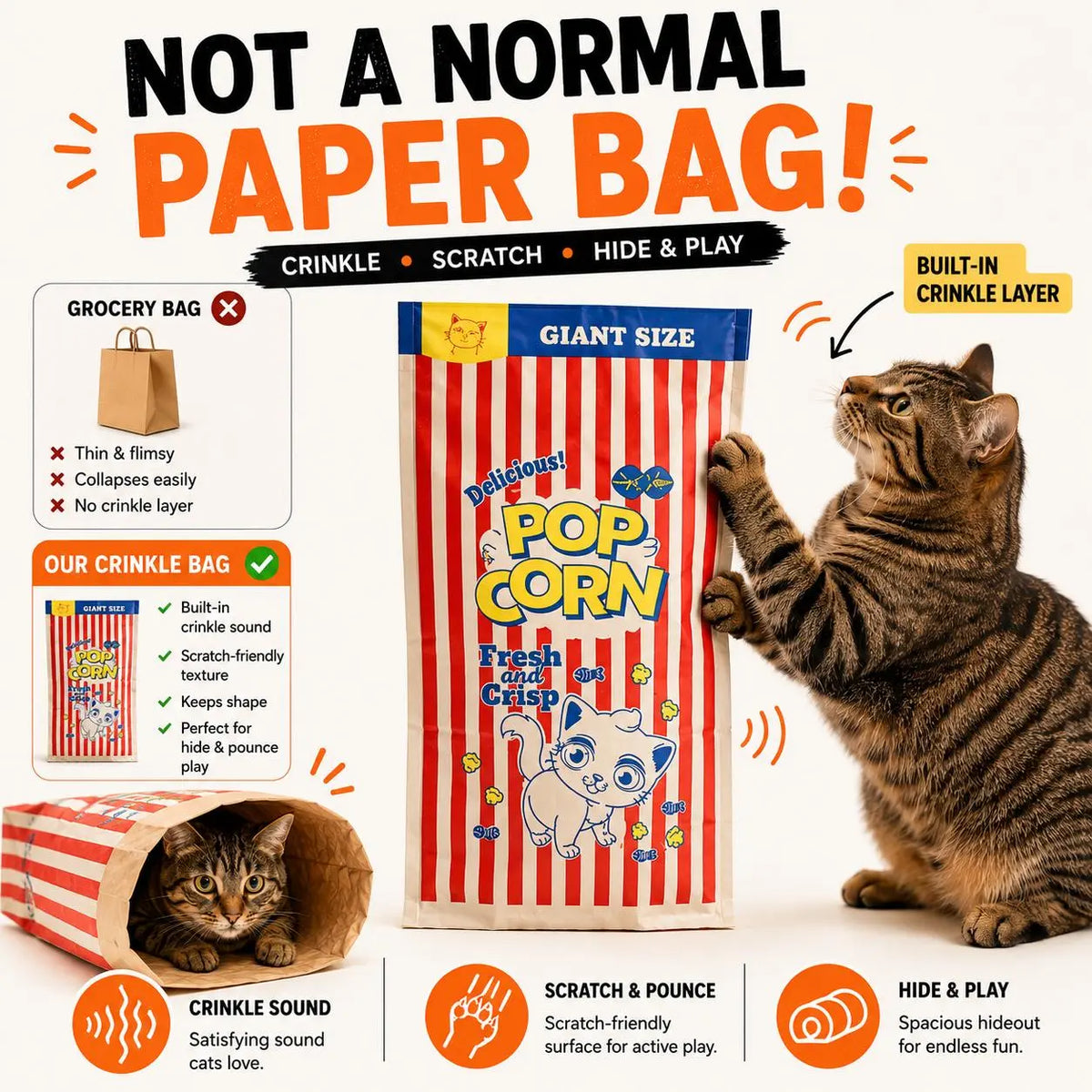Crinkle Cat Hideout Bag for Indoor Play Tunnel and Cozy Pet Bed