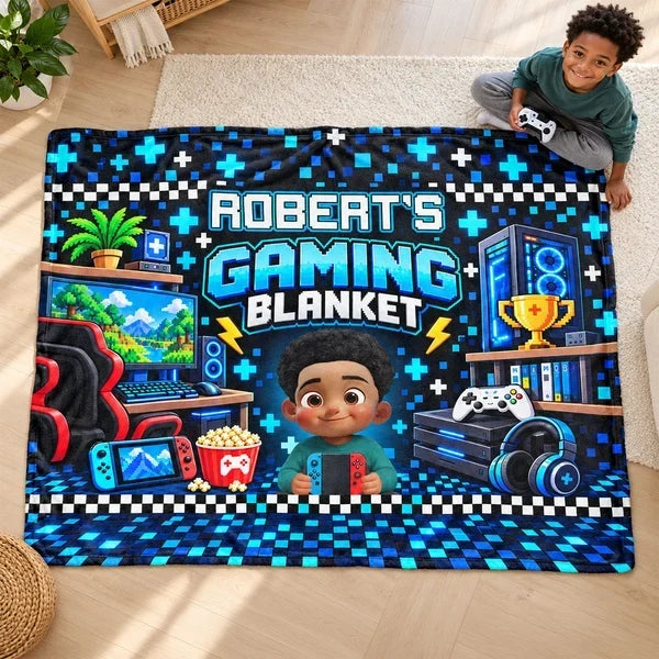 Personalized Fleece Blanket with Cartoon Gamer Holding a Controller, Blue Pixel Art, Unique Gift for Son - 9