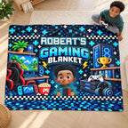 Personalized Fleece Blanket with Cartoon Gamer Holding a Controller, Blue Pixel Art, Unique Gift for Son - 9