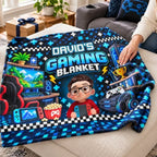 Personalized Fleece Blanket with Cartoon Gamer Holding a Controller, Blue Pixel Art, Unique Gift for Son - 4