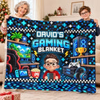 Personalized Fleece Blanket with Cartoon Gamer Holding a Controller, Blue Pixel Art, Unique Gift for Son - 10