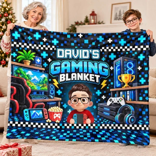 Personalized Fleece Blanket with Cartoon Gamer Holding a Controller, Blue Pixel Art, Unique Gift for Son - 10
